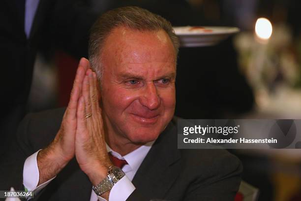 Karl-Heinz Rummenigge, CEO of FC Bayern Muenchen smiles during the Champions Dinner night after winning the UEFA Champions League group D match...