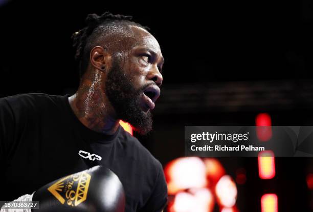 Deontay Wilder looks on during the media workout ahead of the Heavyweight fight between Deontay Wilder and Joseph Parker during the Day of Reckoning...