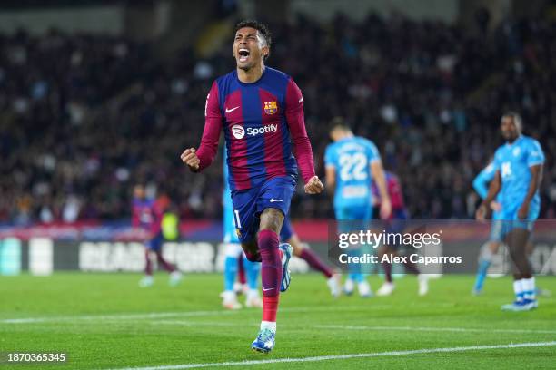 Raphinha of FC Barcelona celebrates after scoring their team's first goal during the LaLiga EA Sports match between FC Barcelona and UD Almeria at...