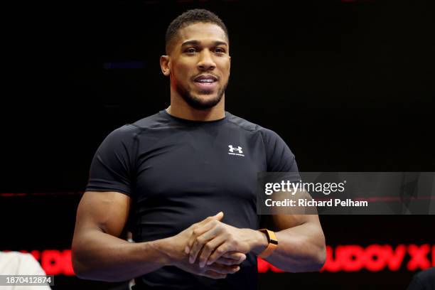 Anthony Joshua reacts during the media workout ahead of the Heavyweight fight between Anthony Joshua and Otto Wallin during the Day of Reckoning card...