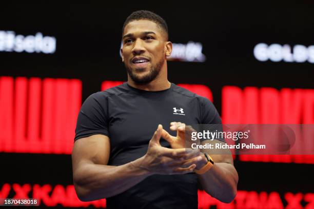 Anthony Joshua reacts during the media workout ahead of the Heavyweight fight between Anthony Joshua and Otto Wallin during the Day of Reckoning card...