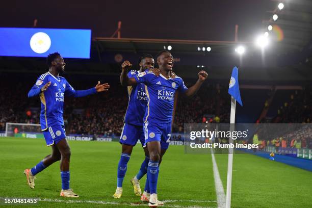 Patson Daka of Leicester City celebrates scoring the opening goal for Leicester City with Stephy Mavididi of Leicester City during the Sky Bet...