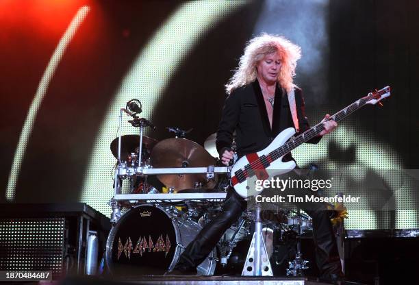 Rick Savage of Def Leppard performs at Sleep Train Amphitheatre on September 3, 2009 in Wheatland, California.