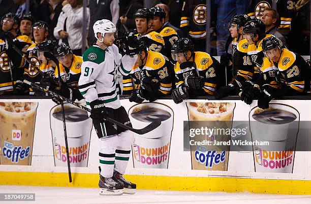 Tyler Seguin of the Dallas Stars celebrates following his shootout goal against the Boston Bruins at TD Garden on November 5, 2013 in Boston,...