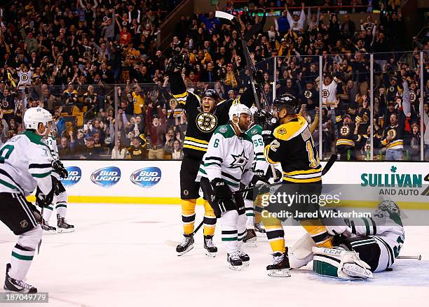 Milan Lucic of the Boston Bruins celebrates his goal in the third period against the Dallas Stars at TD Garden on November 5, 2013 in Boston,...