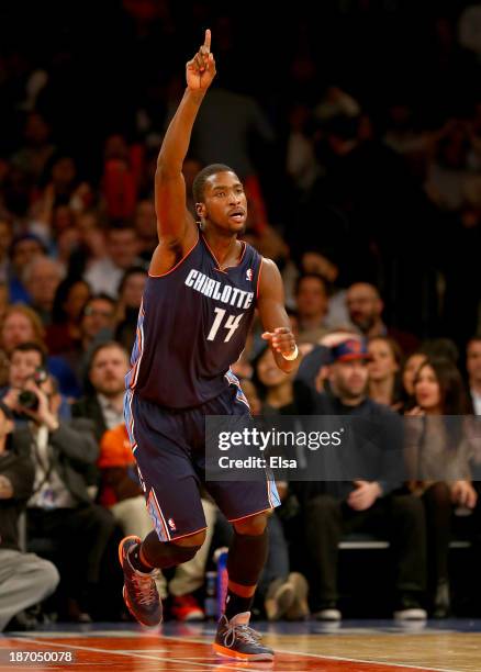 Michael Kidd-Gilchrist of the Charlotte Bobcats celebrates in the fourth quarter against the New York Knicks at Madison Square Garden on November 5,...