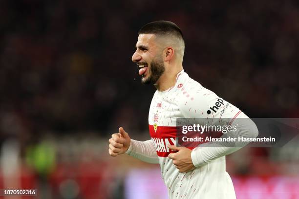 Deniz Undav of VfB Stuttgart celebrates after scoring their team's first goal during the Bundesliga match between VfB Stuttgart and FC Augsburg at...