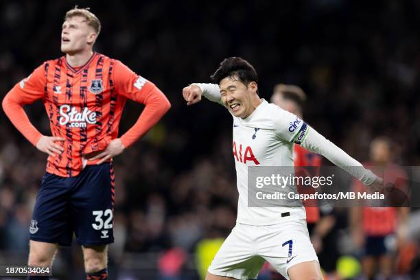 Son Heung-Min of Tottenham Hotspur celebrates after their team's victory following the Premier League match between Tottenham Hotspur and Everton FC...