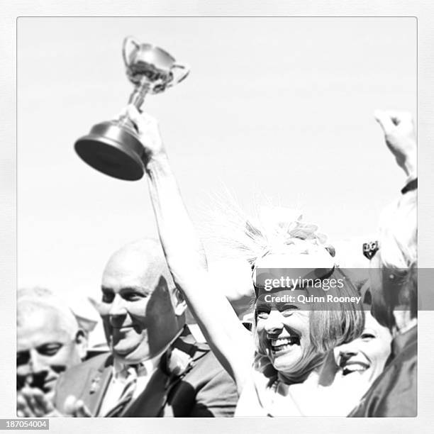 Trainer Gai Waterhouse celebrates with the Melbourne Cup after her horse Fiorente won the Melbourne Cup at Flemington Racecourse on November 5, 2013...