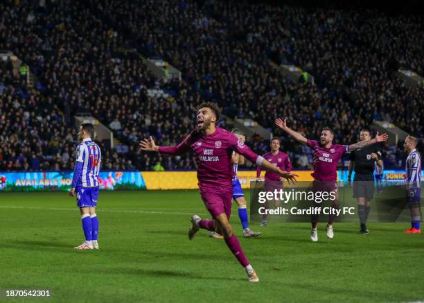 Kion Etete celebrates scoring the winning goal for Cardiff City FC during the Sky Bet Championship match between Sheffield Wednesday and Cardiff City...