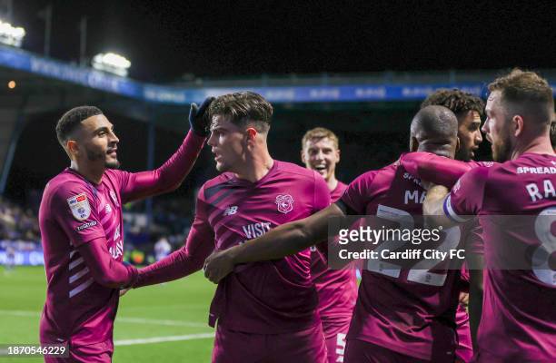 Ollie Tanner celebrates the winning goal for Cardiff City FC during the Sky Bet Championship match between Sheffield Wednesday and Cardiff City at...