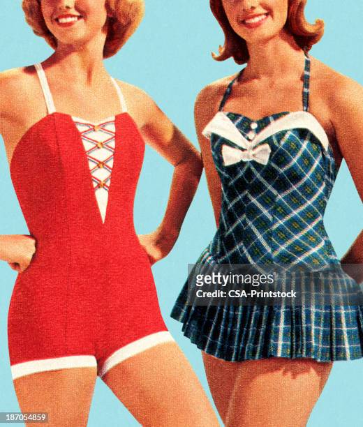 two women wearing swimsuits - swimsuit models girls stock illustrations