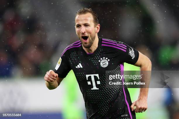 Harry Kane of Bayern Munich celebrates after scoring their team's second goal during the Bundesliga match between VfL Wolfsburg and FC Bayern München...