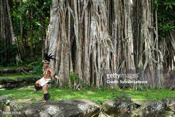 Nuku Hiva dancer attends the day four of the 14th Art and Culture Festival Of Marquesas, at archeological site of Koueva site in Taiohae, on December...