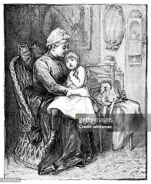 bildbanksillustrationer, clip art samt tecknat material och ikoner med victorian woman cuddling a child - grandma cane