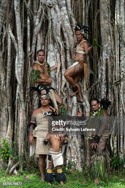Nuku Hiva dancers pose as they attend the day four of the 14th Art and Culture Festival Of Marquesas, at archeological site of Koueva site in...