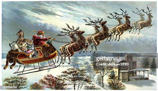 father christmas and his reindeer - memories stock illustrations