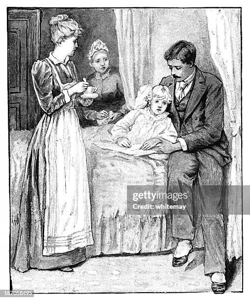 victorian adults tending to a sick child - mixing drinks stock illustrations