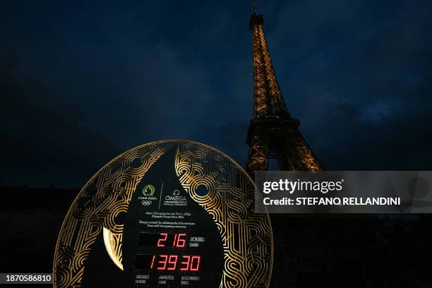 This photograph taken on December 23 shows a view of the Paris 2024 Olympic Games countdown, 216 days to the launch of the event and the opening...