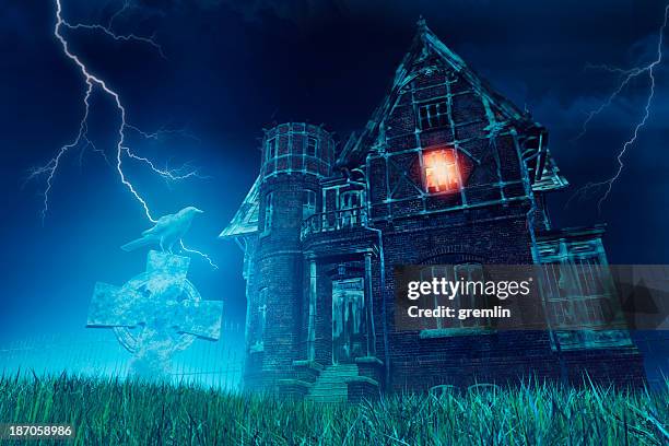 spooky haunted house at night - lightning home stock pictures, royalty-free photos & images