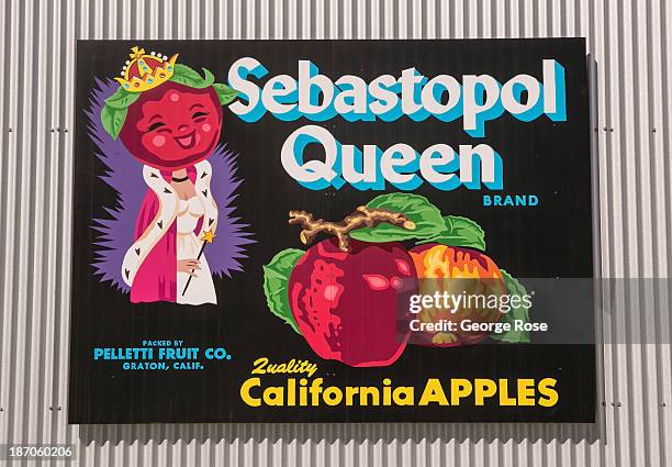 Billboard promoting Sebastopol Queen apples adorns the side of a barn on September 25 in Sebastopol, California. The annual grape harvest is a...