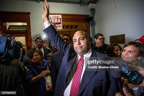 Daniel Rivera announces his win for mayor to a large group of supporters at Lawrence City Hall.