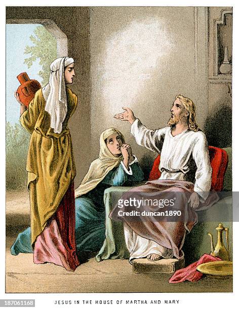 jesus in the house of martha and mary - virgin mary stock illustrations