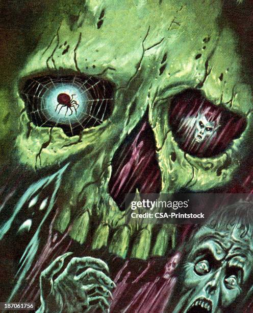 green skull with monsters and zombies - vintage halloween stock illustrations
