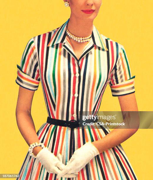 ilustrações, clipart, desenhos animados e ícones de mulher usando vestido listrado e luvas brancas - striped dress