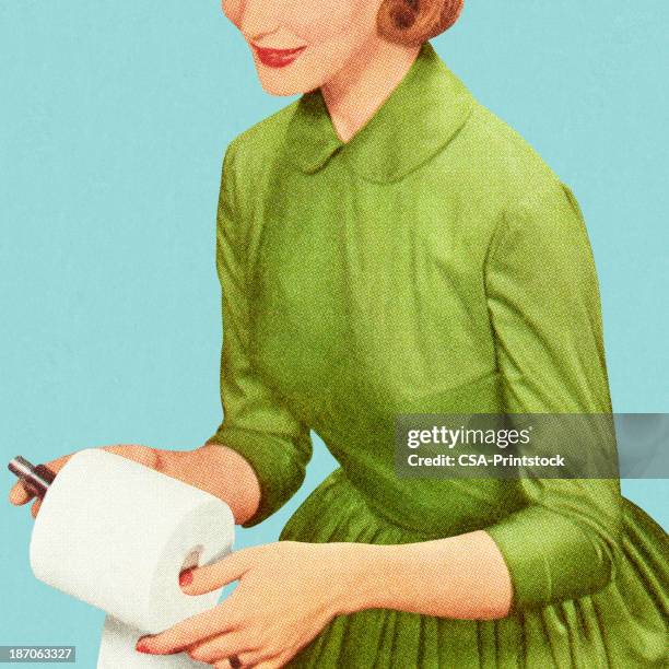 stockillustraties, clipart, cartoons en iconen met a woman in vintage fashion holding a toilet paper roll - huisvrouw