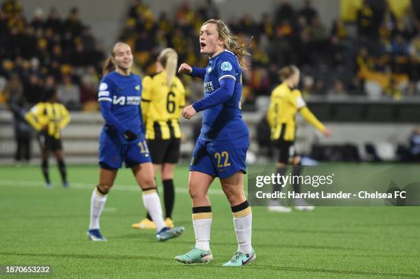 Erin Cuthbert of Chelsea celebrates after scoring her team's second goal during the UEFA Women's Champions League group stage match between BK Häcken...