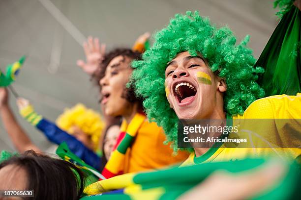 eufórico aficionado brasileño mientras mira un juego de fútbol americano - world cup brazil fotografías e imágenes de stock