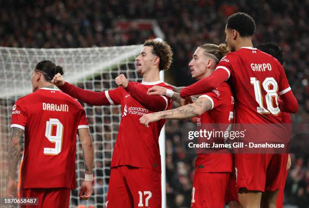 Curtis Jones of Liverpool celebrates after scoring their second goal during the Carabao Cup Quarter Final match between Liverpool and West Ham United...