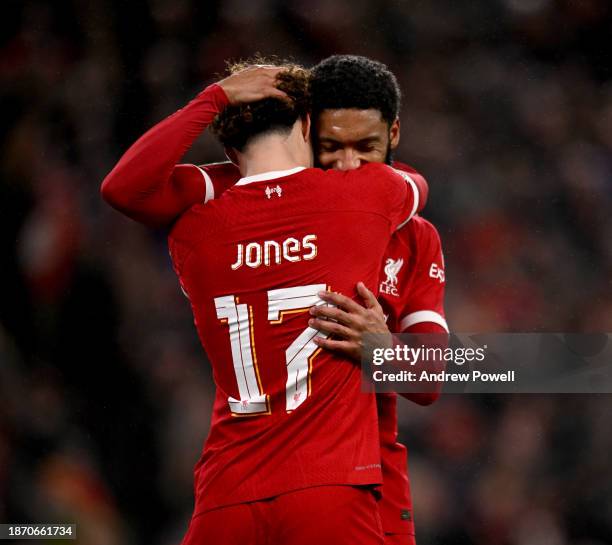 Curtis Jones of Liverpool celebrates after scoring the second goal with Joe Gomez of Liverpool during the Carabao Cup Quarter Final match between...