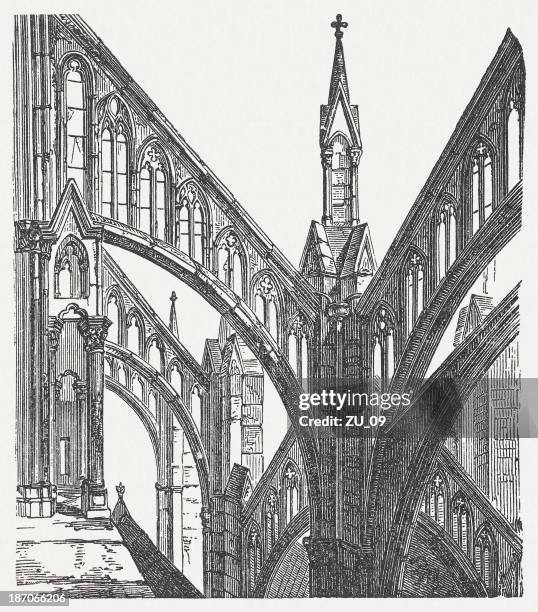 gothic elements, amiens cathedral, france, wood engraving, published in 1876 - flying buttress stock illustrations