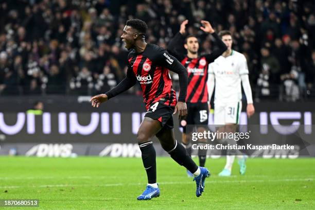 Aurelio Buta of Eintracht Frankfurt celebrates after scoring their team's first goal during the Bundesliga match between Eintracht Frankfurt and...