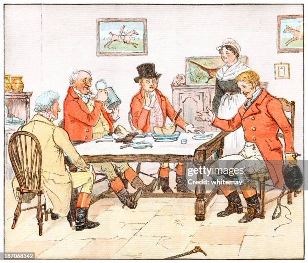 foxhunting men enjoying a post-hunt meal - house hunter stock illustrations