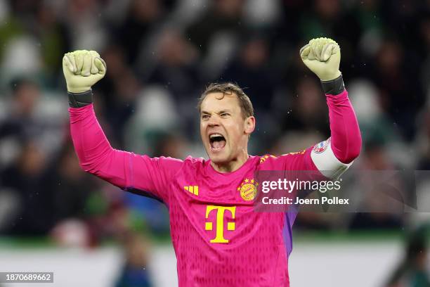 Manuel Neuer of Bayern Munich celebrates during the Bundesliga match between VfL Wolfsburg and FC Bayern München at Volkswagen Arena on December 20,...