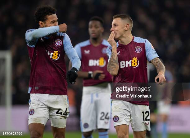 Lucas Digne and Boubacar Kamara of Aston Villa talk after the Premier League match between Aston Villa and Manchester City at Villa Park on December...