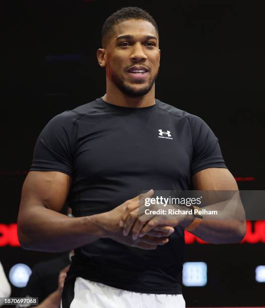 Anthony Joshua reacts 'Day of Reckoning' Media Workout at the Press Arena, on December 20, 2023 in Riyadh, Saudi Arabia.