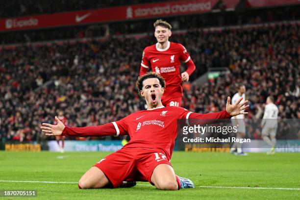Curtis Jones of Liverpool celebrates after scoring their team's fifth goal during the Carabao Cup Quarter Final match between Liverpool and West Ham...