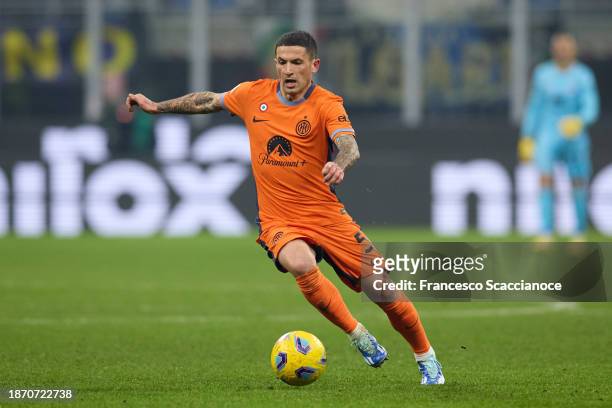 Stefano Sensi of FC Internazionale in action during the Coppa Italia match between FC Internazionale and Bologna FC at Giuseppe Meazza Stadium on...