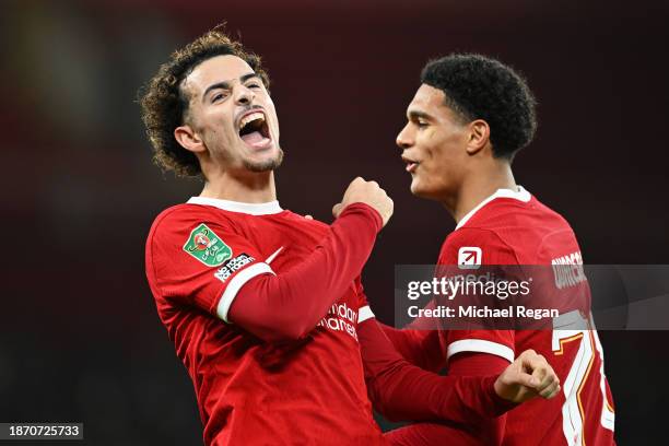 Curtis Jones of Liverpool celebrates after scoring their team's fifth goal during the Carabao Cup Quarter Final match between Liverpool and West Ham...