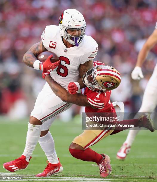 Running back James Conner of the Arizona Cardinals rushes the football against cornerback Charvarius Ward of the San Francisco 49ers during the NFL...