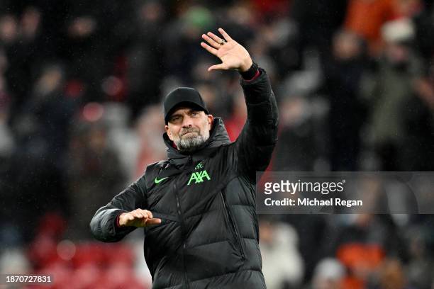 Juergen Klopp, Manager of Liverpool, acknowledges the fans following the team's victory during the Carabao Cup Quarter Final match between Liverpool...