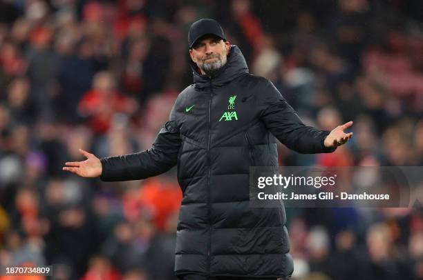 Jurgen Klopp the manager of Liverpool celebrates towards their support afterthe Carabao Cup Quarter Final match between Liverpool and West Ham United...