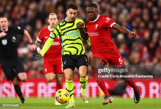 Gabriel Martinelli of Arsenal competes with Ibrahima Konate of Liverpool during the Premier League match between Liverpool FC and Arsenal FC at...
