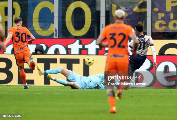 Dan Ndoye of Bologna FC scores their team's second goal during the Coppa Italia Round of 16 match between FC Internazionale and Bologna FC at...