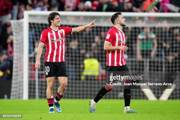 Unai Gomez and Aitor Paredes of Athletic Club react after winning the LaLiga EA Sports match between Athletic Bilbao and UD Las Palmas at Estadio de...