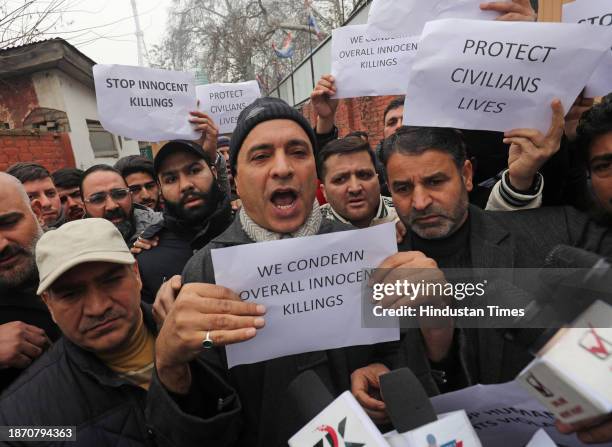 Leaders and workers of Jammu and Kashmir's Apni Party during a protest on December 23, 2023 in Srinagar, India. Apni Party workers stage protest...